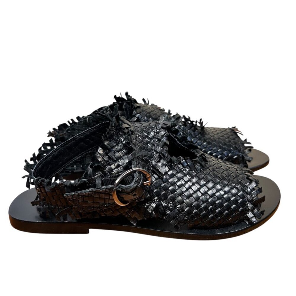 Strategia 37/6.5 Black Woven Leather Sandal Minimalist Classic Coastal